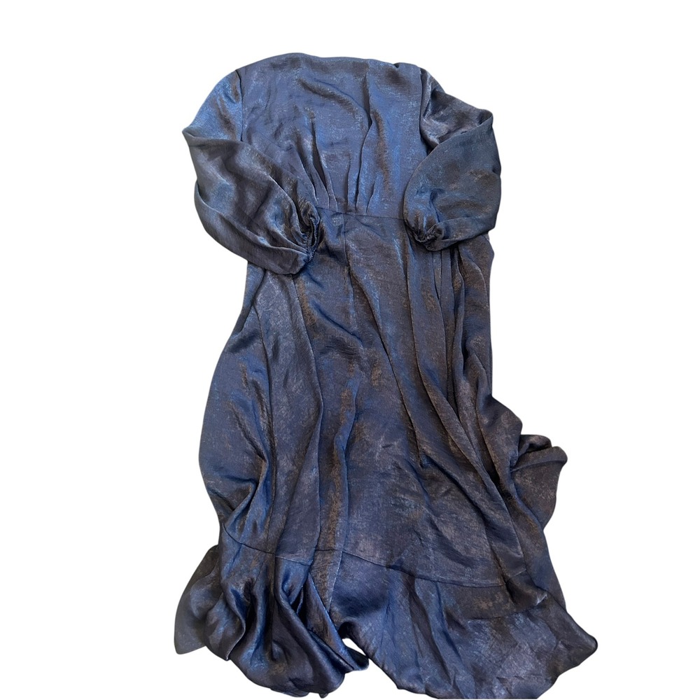Gal Meets Glam Navy Jennifer Shimmer Satin Wrap Midi Dress Ruffle Hem Size 2 - Picture 4 of 8